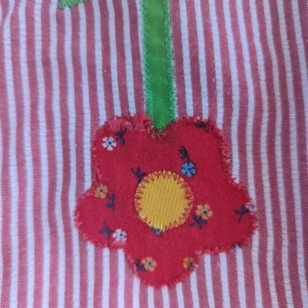 Vintage Girl's 1T Seersucker Red White Flower Jumpsuit Applique USA Made